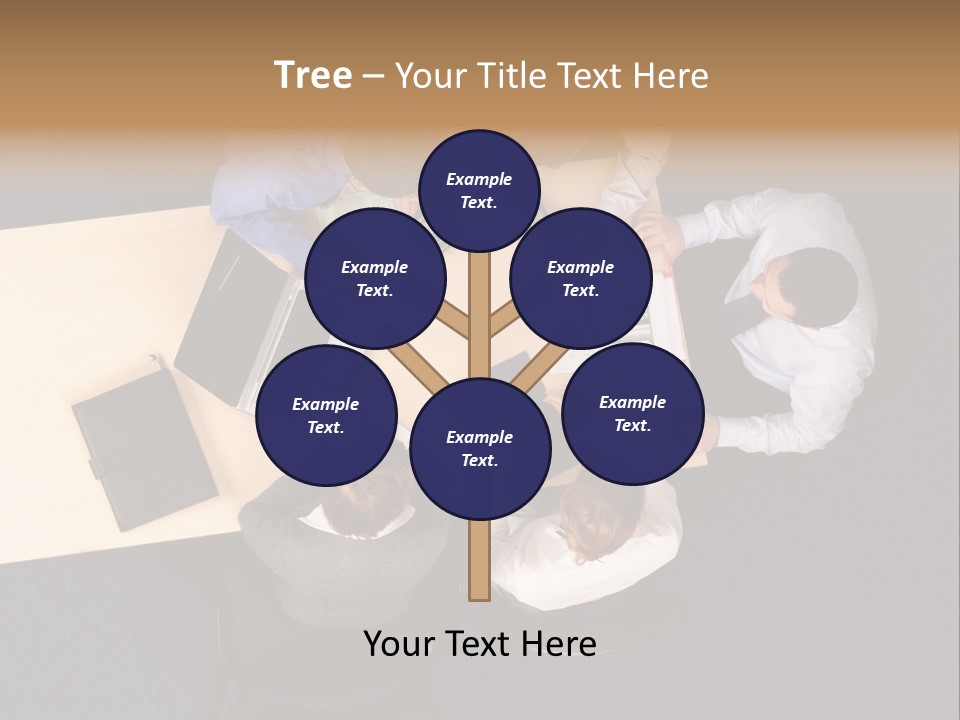 Five Business People Meeting - Businesspeople Gathered Around A Table For A Meeting, Brainstorming. Aerial Shot Taken From Directly Above The Table. PowerPoint Template