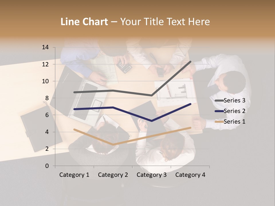 Five Business People Meeting - Businesspeople Gathered Around A Table For A Meeting, Brainstorming. Aerial Shot Taken From Directly Above The Table. PowerPoint Template