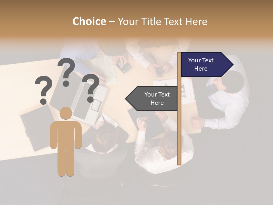 Five Business People Meeting - Businesspeople Gathered Around A Table For A Meeting, Brainstorming. Aerial Shot Taken From Directly Above The Table. PowerPoint Template