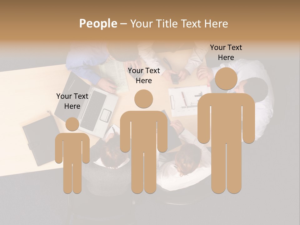 Five Business People Meeting - Businesspeople Gathered Around A Table For A Meeting, Brainstorming. Aerial Shot Taken From Directly Above The Table. PowerPoint Template