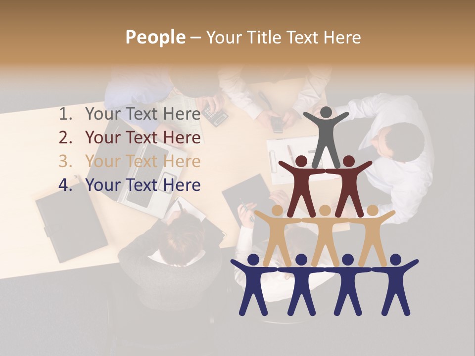 Five Business People Meeting - Businesspeople Gathered Around A Table For A Meeting, Brainstorming. Aerial Shot Taken From Directly Above The Table. PowerPoint Template