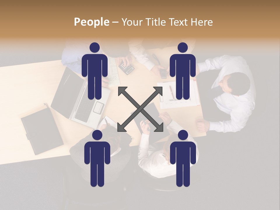 Five Business People Meeting - Businesspeople Gathered Around A Table For A Meeting, Brainstorming. Aerial Shot Taken From Directly Above The Table. PowerPoint Template
