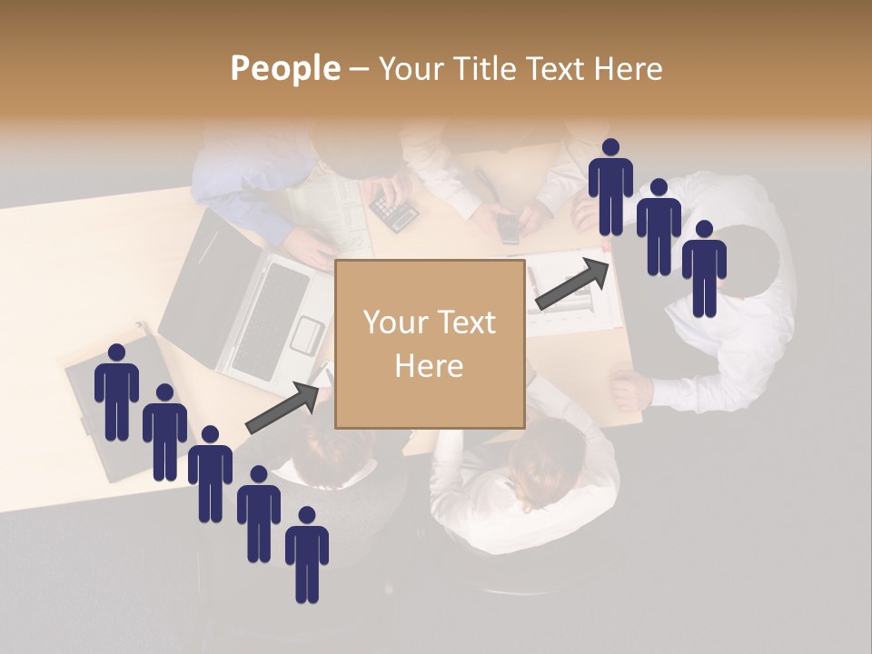 Five Business People Meeting - Businesspeople Gathered Around A Table For A Meeting, Brainstorming. Aerial Shot Taken From Directly Above The Table. PowerPoint Template