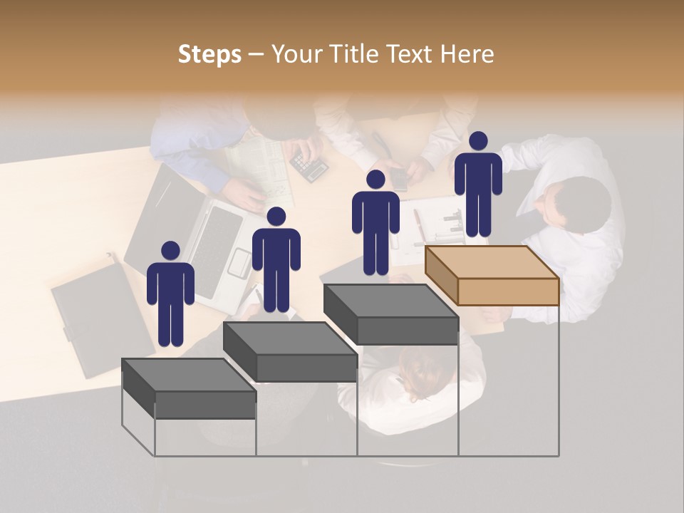 Five Business People Meeting - Businesspeople Gathered Around A Table For A Meeting, Brainstorming. Aerial Shot Taken From Directly Above The Table. PowerPoint Template