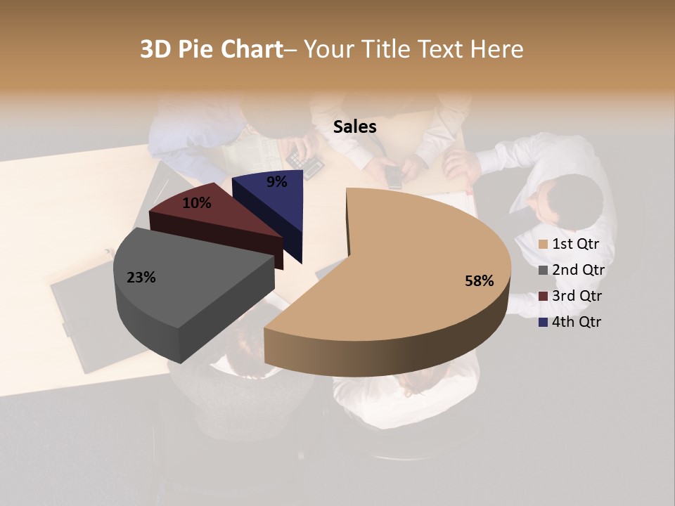 Five Business People Meeting - Businesspeople Gathered Around A Table For A Meeting, Brainstorming. Aerial Shot Taken From Directly Above The Table. PowerPoint Template