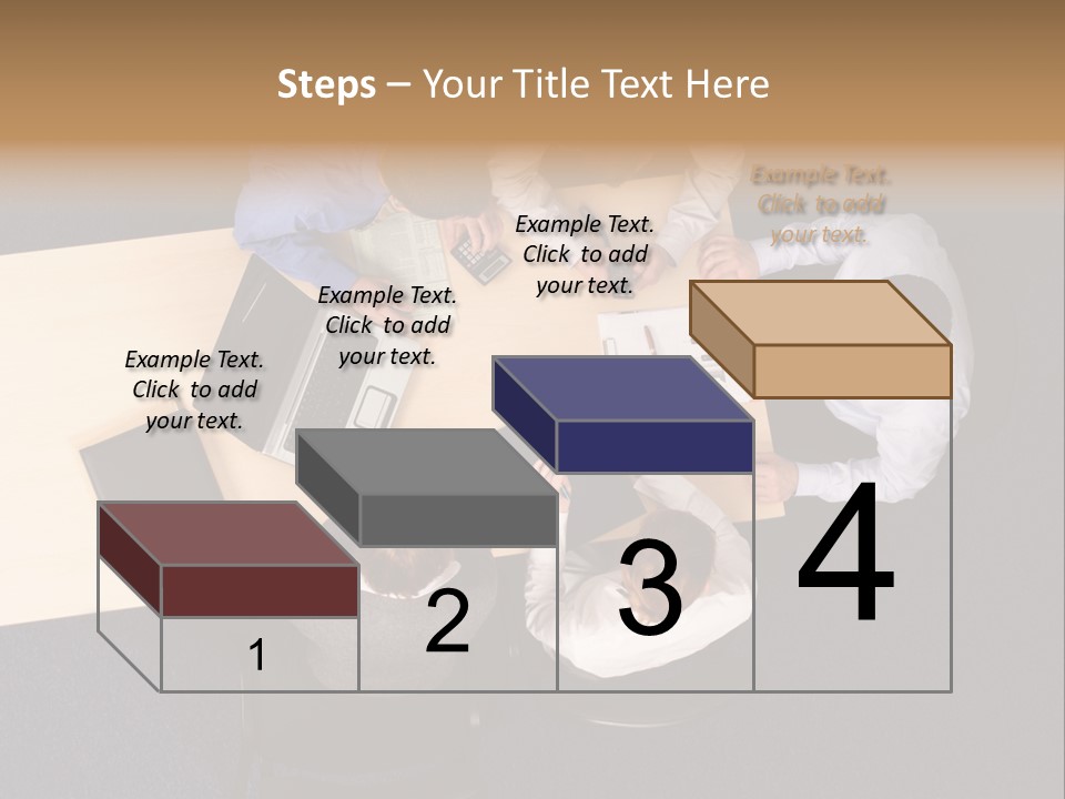 Five Business People Meeting - Businesspeople Gathered Around A Table For A Meeting, Brainstorming. Aerial Shot Taken From Directly Above The Table. PowerPoint Template