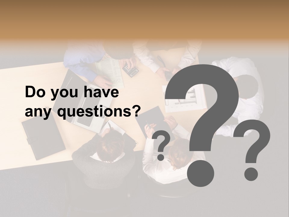 Five Business People Meeting - Businesspeople Gathered Around A Table For A Meeting, Brainstorming. Aerial Shot Taken From Directly Above The Table. PowerPoint Template