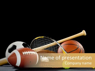 A Variety Of Sports Equipment On A Black Background Including An American Football, A Soccer Ball, A Baseball, A Baseball Bat, A Tennis Raquet, A Tennis Ball, And A Basketball PowerPoint Template