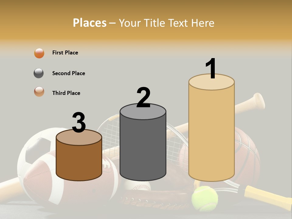 A Variety Of Sports Equipment On A Black Background Including An American Football, A Soccer Ball, A Baseball, A Baseball Bat, A Tennis Raquet, A Tennis Ball, And A Basketball PowerPoint Template