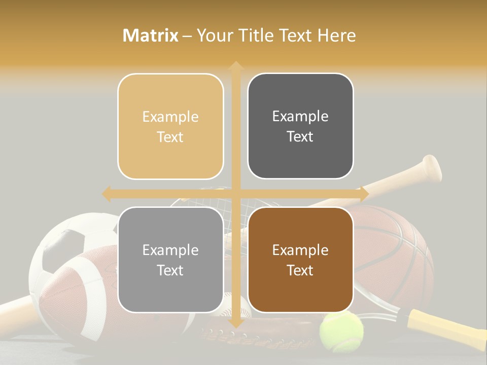 A Variety Of Sports Equipment On A Black Background Including An American Football, A Soccer Ball, A Baseball, A Baseball Bat, A Tennis Raquet, A Tennis Ball, And A Basketball PowerPoint Template