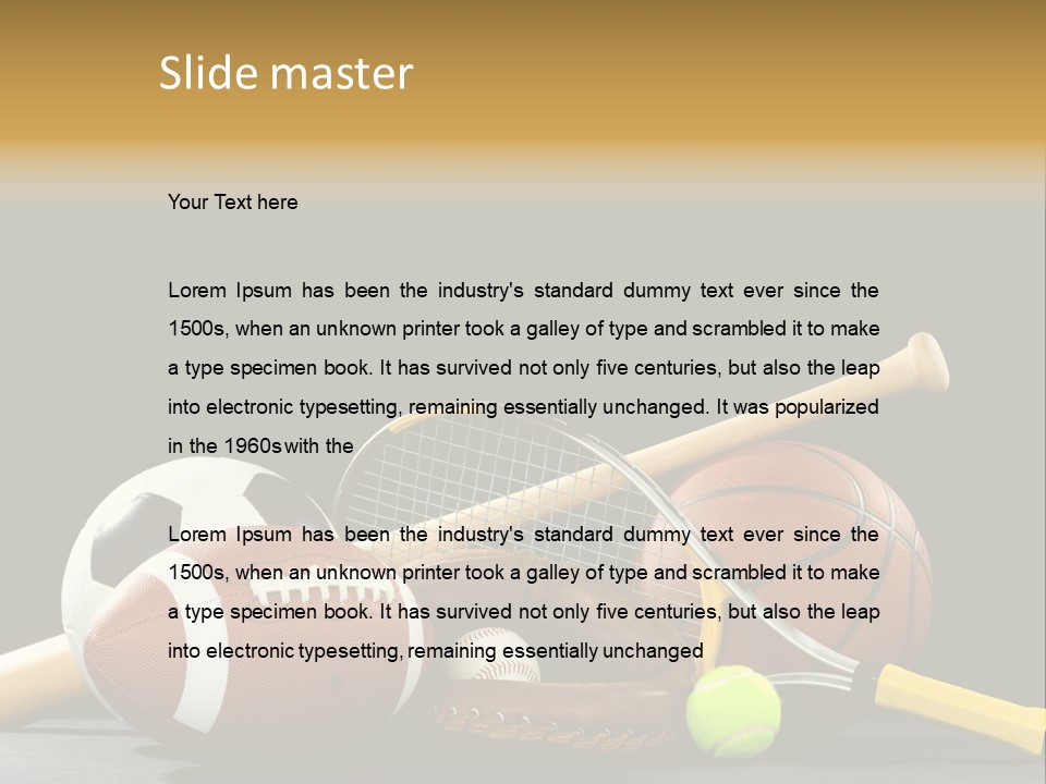 A Variety Of Sports Equipment On A Black Background Including An American Football, A Soccer Ball, A Baseball, A Baseball Bat, A Tennis Raquet, A Tennis Ball, And A Basketball PowerPoint Template
