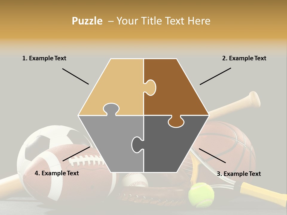 A Variety Of Sports Equipment On A Black Background Including An American Football, A Soccer Ball, A Baseball, A Baseball Bat, A Tennis Raquet, A Tennis Ball, And A Basketball PowerPoint Template