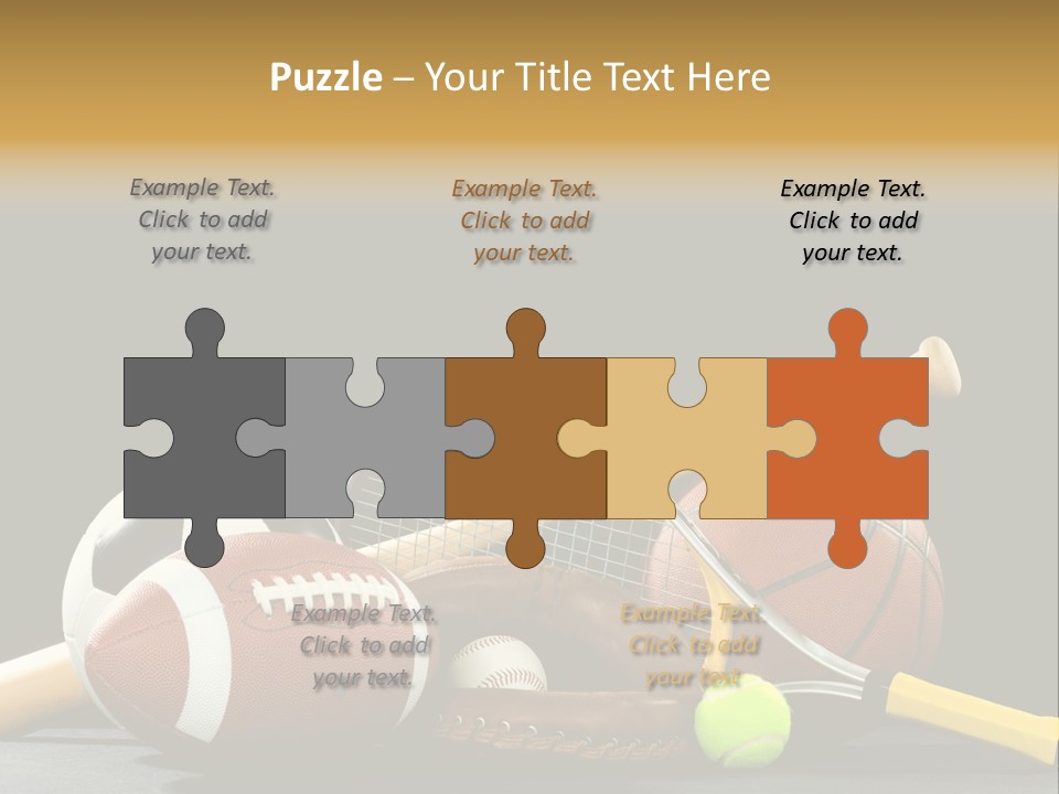 A Variety Of Sports Equipment On A Black Background Including An American Football, A Soccer Ball, A Baseball, A Baseball Bat, A Tennis Raquet, A Tennis Ball, And A Basketball PowerPoint Template