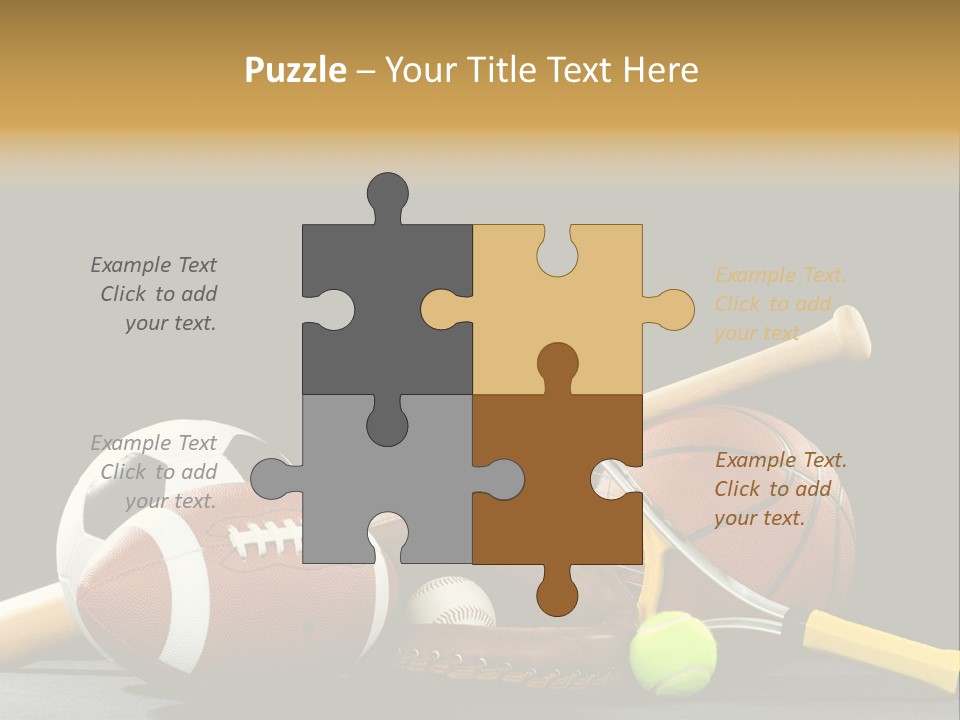 A Variety Of Sports Equipment On A Black Background Including An American Football, A Soccer Ball, A Baseball, A Baseball Bat, A Tennis Raquet, A Tennis Ball, And A Basketball PowerPoint Template