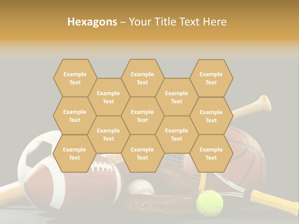 A Variety Of Sports Equipment On A Black Background Including An American Football, A Soccer Ball, A Baseball, A Baseball Bat, A Tennis Raquet, A Tennis Ball, And A Basketball PowerPoint Template