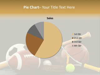 A Variety Of Sports Equipment On A Black Background Including An American Football, A Soccer Ball, A Baseball, A Baseball Bat, A Tennis Raquet, A Tennis Ball, And A Basketball PowerPoint Template