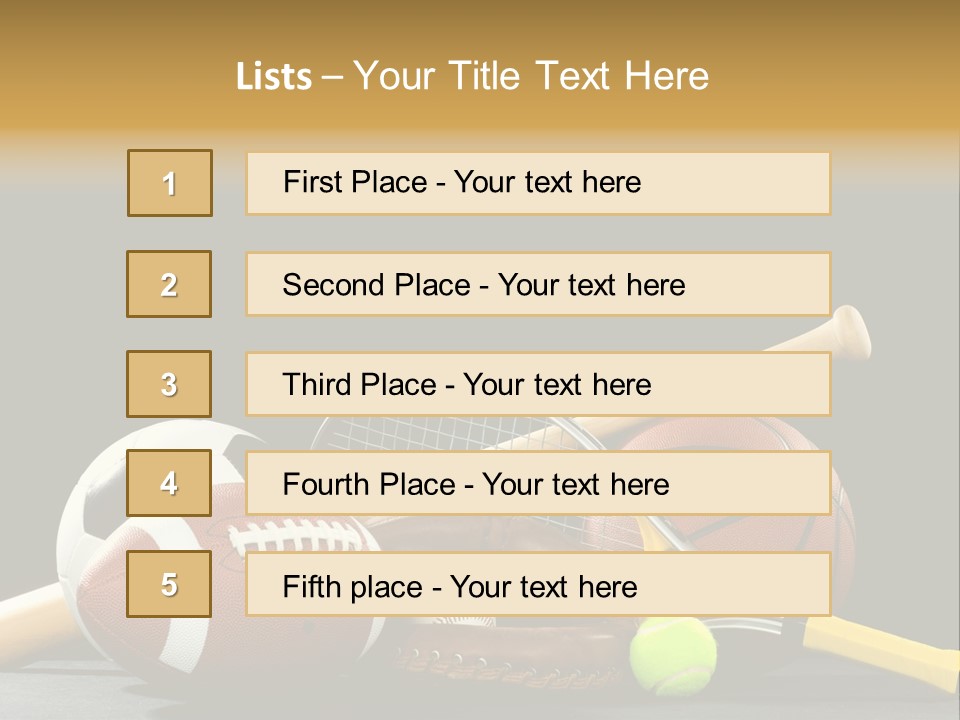 A Variety Of Sports Equipment On A Black Background Including An American Football, A Soccer Ball, A Baseball, A Baseball Bat, A Tennis Raquet, A Tennis Ball, And A Basketball PowerPoint Template
