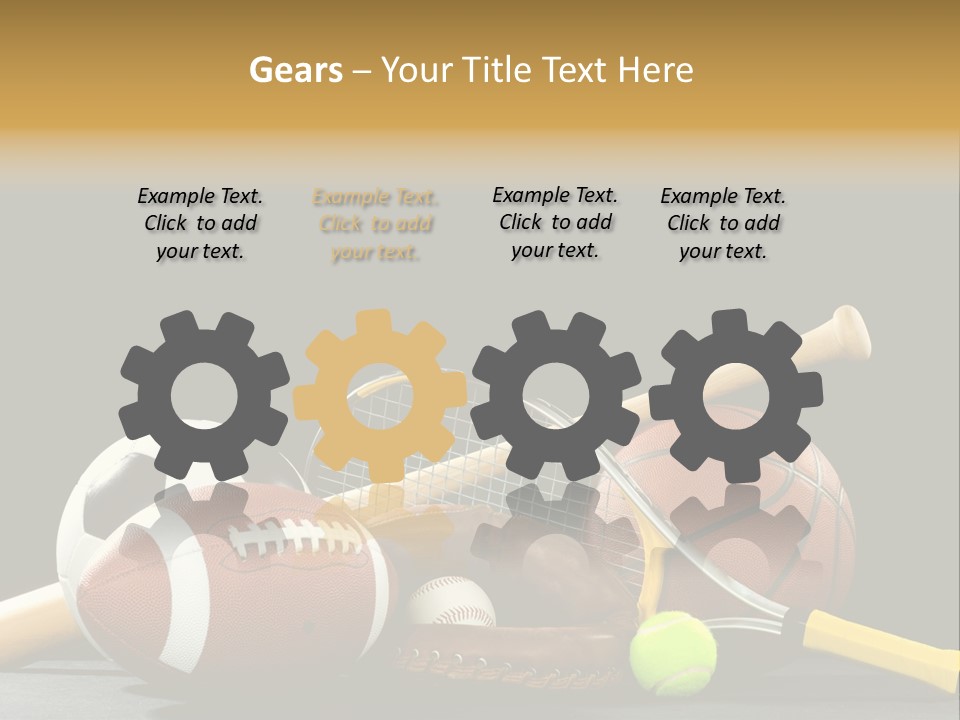 A Variety Of Sports Equipment On A Black Background Including An American Football, A Soccer Ball, A Baseball, A Baseball Bat, A Tennis Raquet, A Tennis Ball, And A Basketball PowerPoint Template