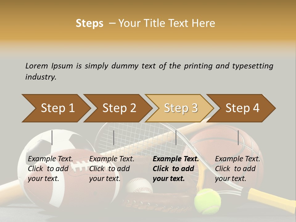 A Variety Of Sports Equipment On A Black Background Including An American Football, A Soccer Ball, A Baseball, A Baseball Bat, A Tennis Raquet, A Tennis Ball, And A Basketball PowerPoint Template