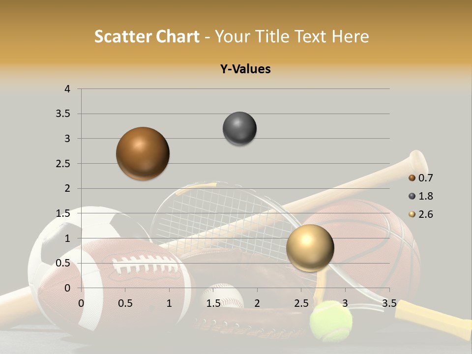 A Variety Of Sports Equipment On A Black Background Including An American Football, A Soccer Ball, A Baseball, A Baseball Bat, A Tennis Raquet, A Tennis Ball, And A Basketball PowerPoint Template