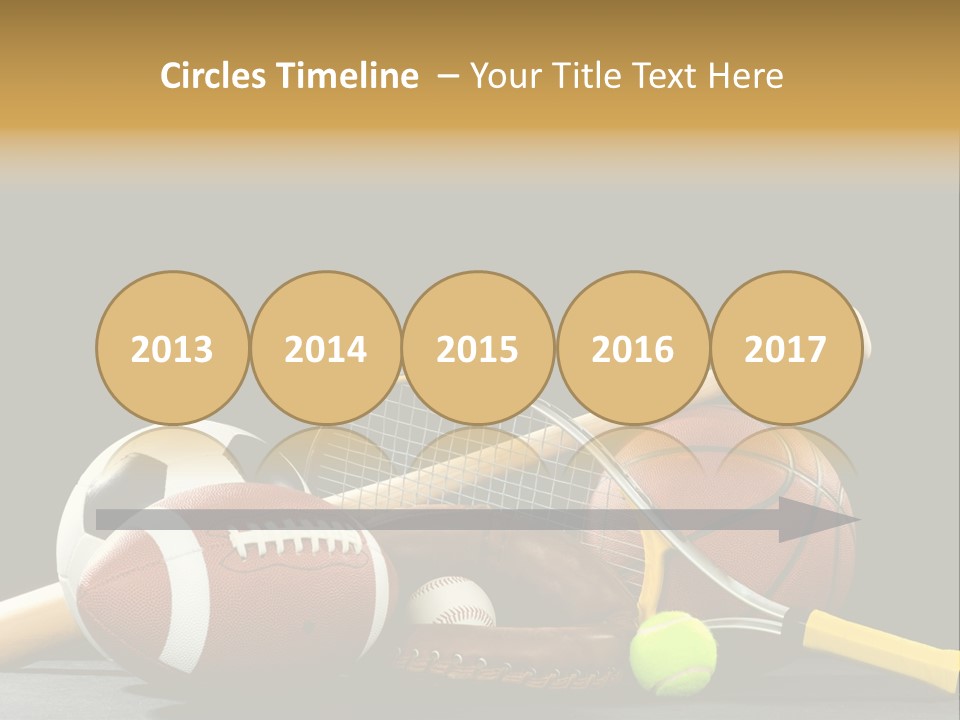 A Variety Of Sports Equipment On A Black Background Including An American Football, A Soccer Ball, A Baseball, A Baseball Bat, A Tennis Raquet, A Tennis Ball, And A Basketball PowerPoint Template