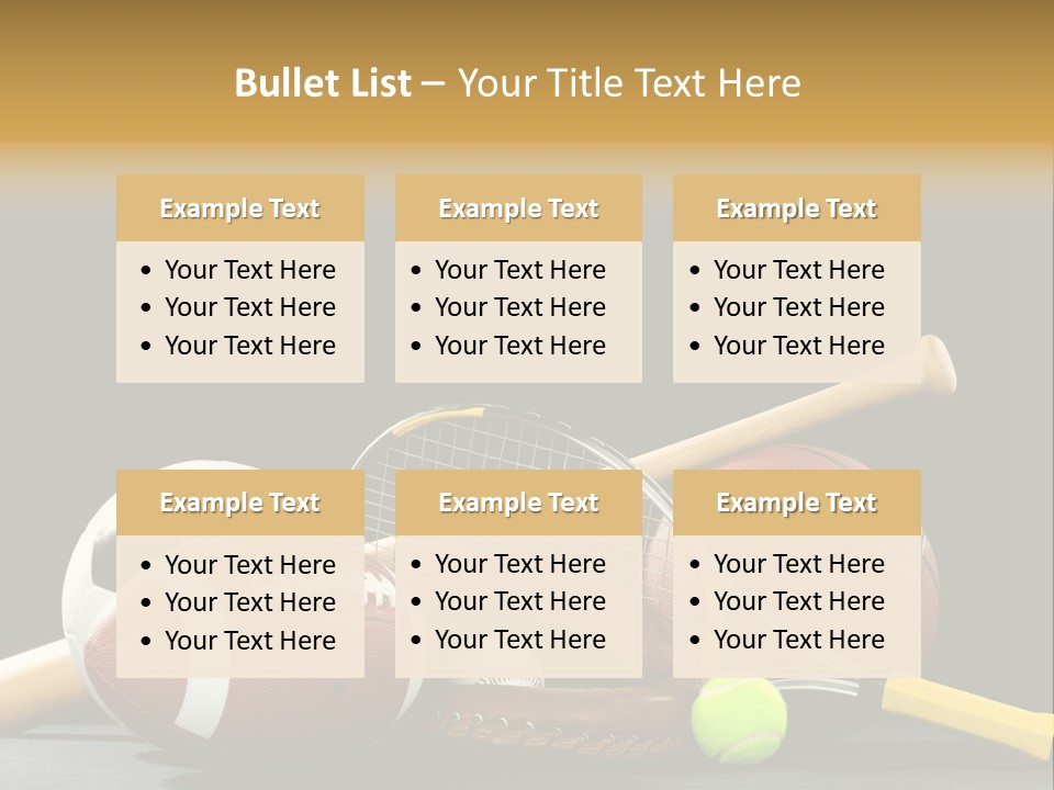 A Variety Of Sports Equipment On A Black Background Including An American Football, A Soccer Ball, A Baseball, A Baseball Bat, A Tennis Raquet, A Tennis Ball, And A Basketball PowerPoint Template