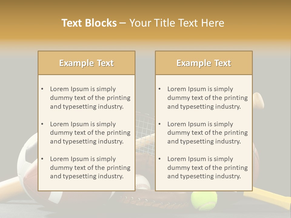 A Variety Of Sports Equipment On A Black Background Including An American Football, A Soccer Ball, A Baseball, A Baseball Bat, A Tennis Raquet, A Tennis Ball, And A Basketball PowerPoint Template