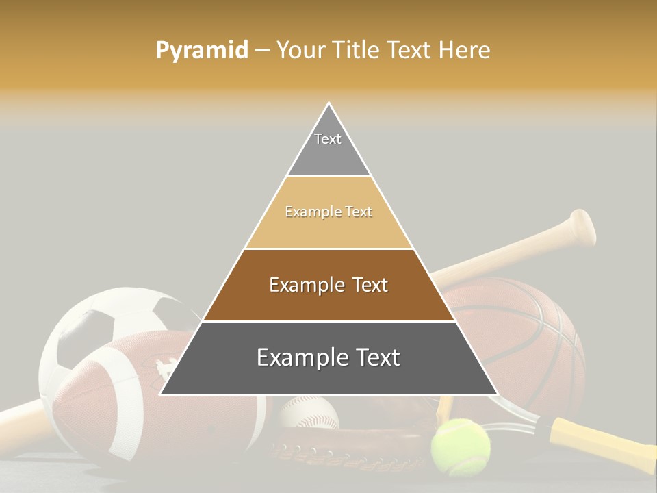A Variety Of Sports Equipment On A Black Background Including An American Football, A Soccer Ball, A Baseball, A Baseball Bat, A Tennis Raquet, A Tennis Ball, And A Basketball PowerPoint Template