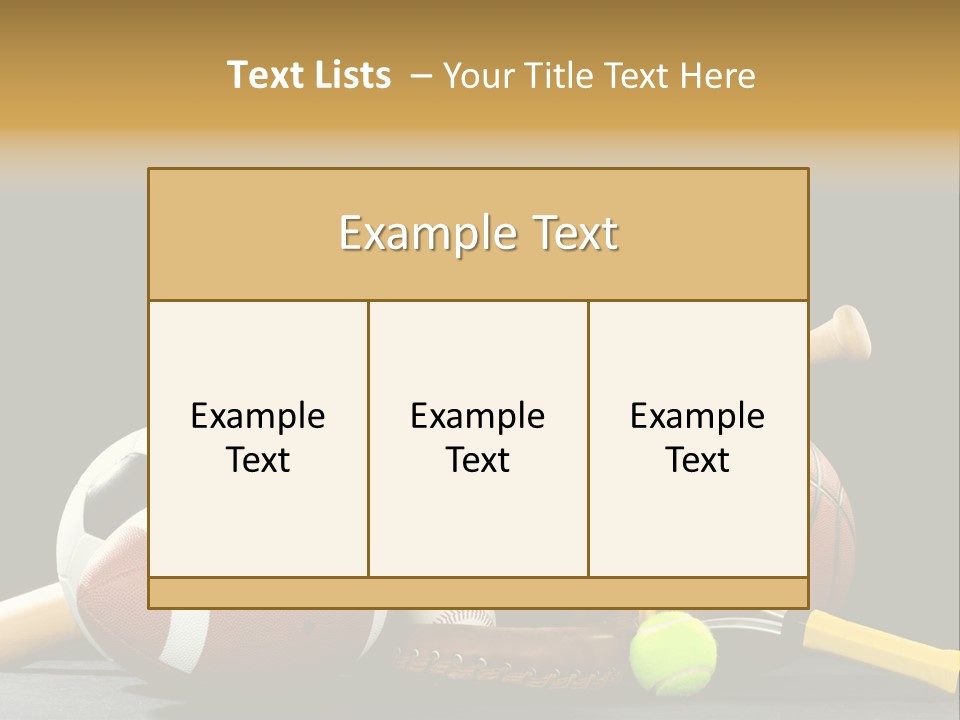 A Variety Of Sports Equipment On A Black Background Including An American Football, A Soccer Ball, A Baseball, A Baseball Bat, A Tennis Raquet, A Tennis Ball, And A Basketball PowerPoint Template