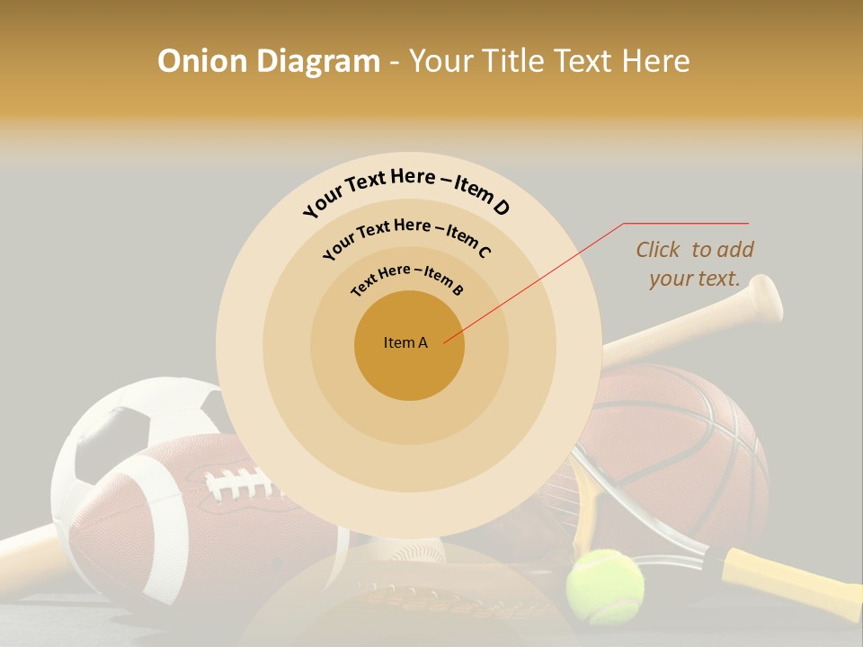 A Variety Of Sports Equipment On A Black Background Including An American Football, A Soccer Ball, A Baseball, A Baseball Bat, A Tennis Raquet, A Tennis Ball, And A Basketball PowerPoint Template