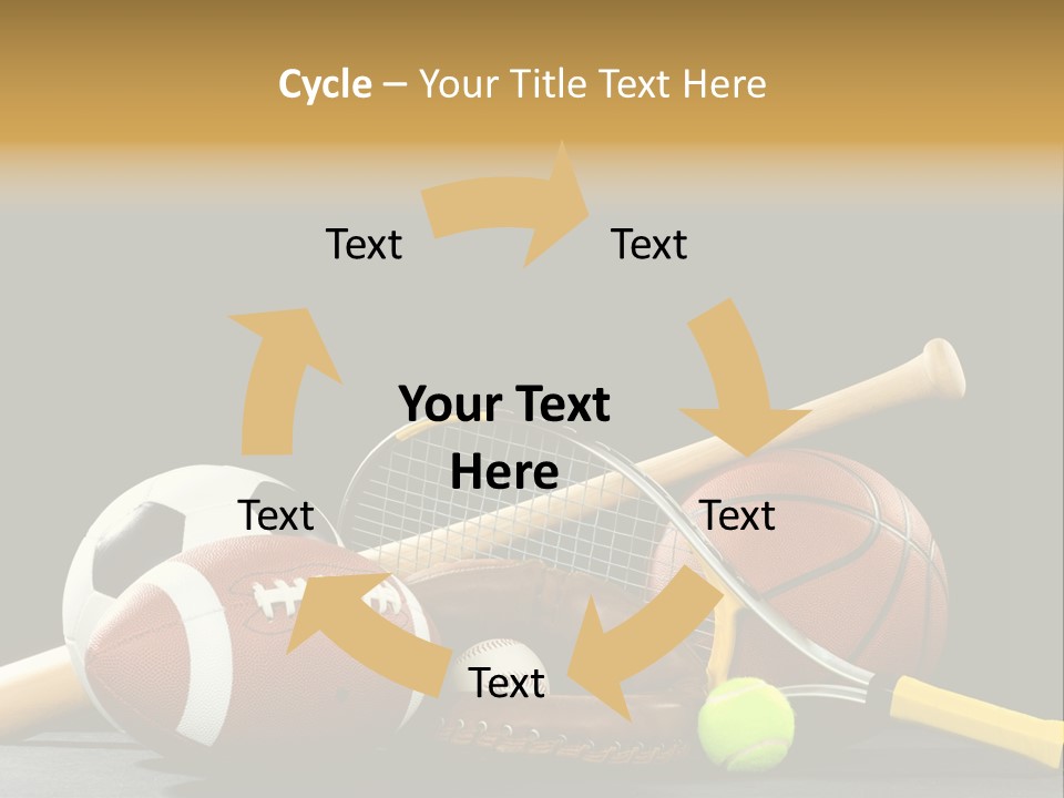 A Variety Of Sports Equipment On A Black Background Including An American Football, A Soccer Ball, A Baseball, A Baseball Bat, A Tennis Raquet, A Tennis Ball, And A Basketball PowerPoint Template