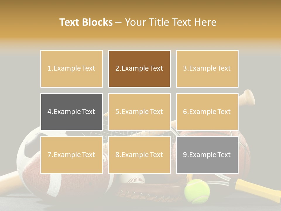 A Variety Of Sports Equipment On A Black Background Including An American Football, A Soccer Ball, A Baseball, A Baseball Bat, A Tennis Raquet, A Tennis Ball, And A Basketball PowerPoint Template