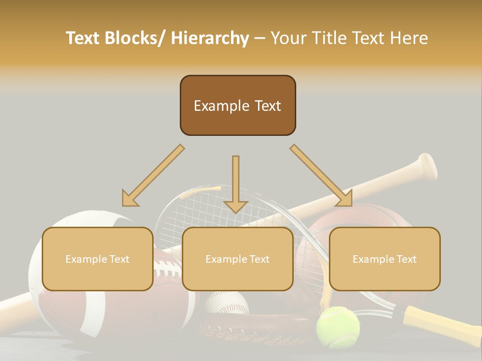 A Variety Of Sports Equipment On A Black Background Including An American Football, A Soccer Ball, A Baseball, A Baseball Bat, A Tennis Raquet, A Tennis Ball, And A Basketball PowerPoint Template