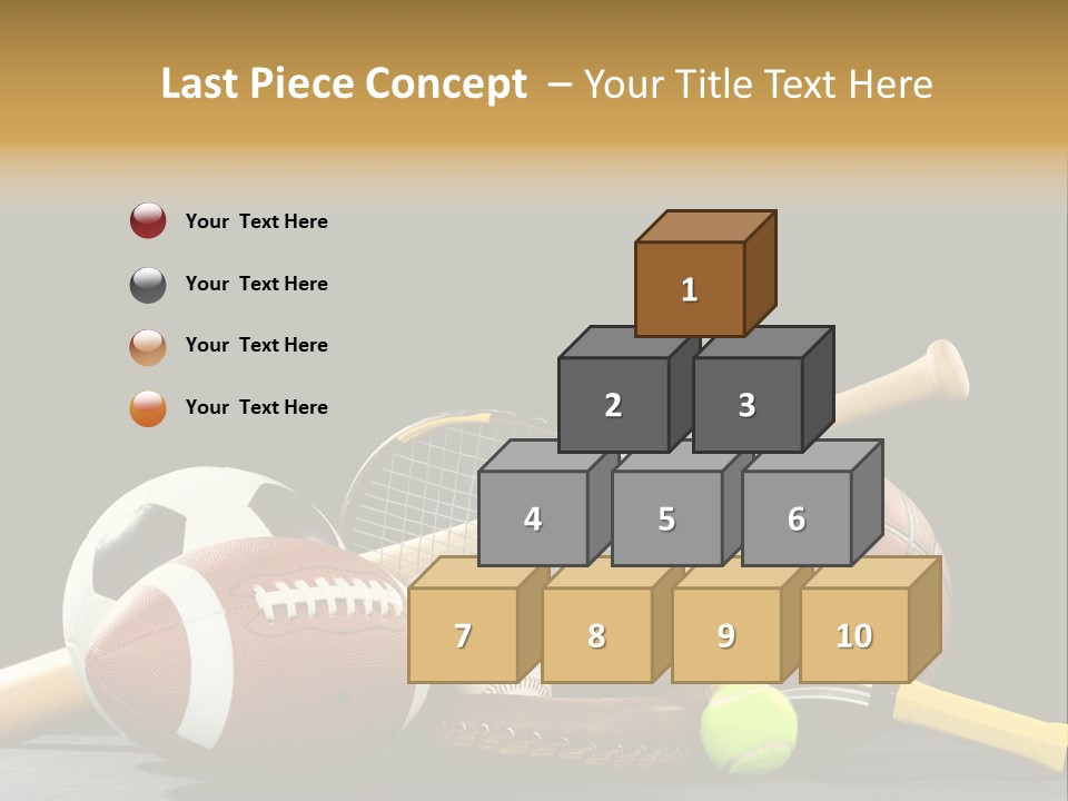 A Variety Of Sports Equipment On A Black Background Including An American Football, A Soccer Ball, A Baseball, A Baseball Bat, A Tennis Raquet, A Tennis Ball, And A Basketball PowerPoint Template