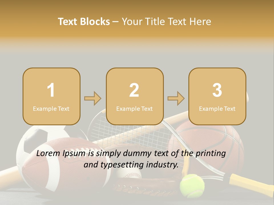 A Variety Of Sports Equipment On A Black Background Including An American Football, A Soccer Ball, A Baseball, A Baseball Bat, A Tennis Raquet, A Tennis Ball, And A Basketball PowerPoint Template