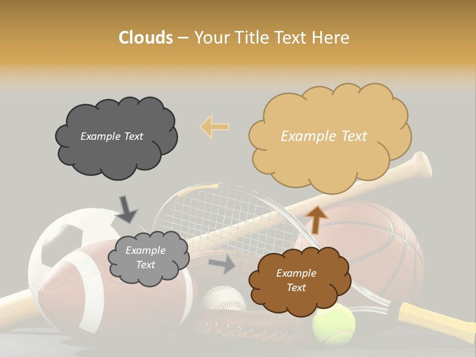 A Variety Of Sports Equipment On A Black Background Including An American Football, A Soccer Ball, A Baseball, A Baseball Bat, A Tennis Raquet, A Tennis Ball, And A Basketball PowerPoint Template