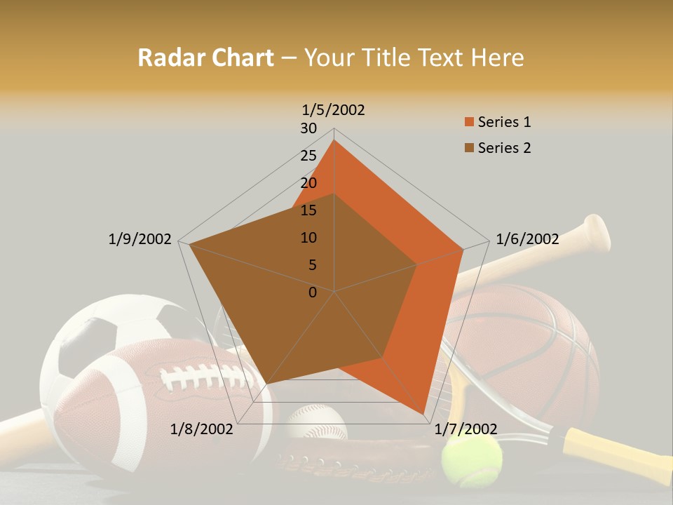A Variety Of Sports Equipment On A Black Background Including An American Football, A Soccer Ball, A Baseball, A Baseball Bat, A Tennis Raquet, A Tennis Ball, And A Basketball PowerPoint Template