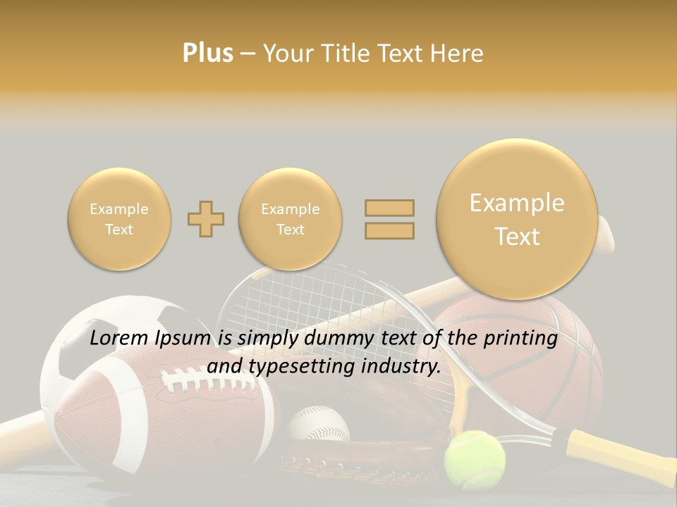 A Variety Of Sports Equipment On A Black Background Including An American Football, A Soccer Ball, A Baseball, A Baseball Bat, A Tennis Raquet, A Tennis Ball, And A Basketball PowerPoint Template