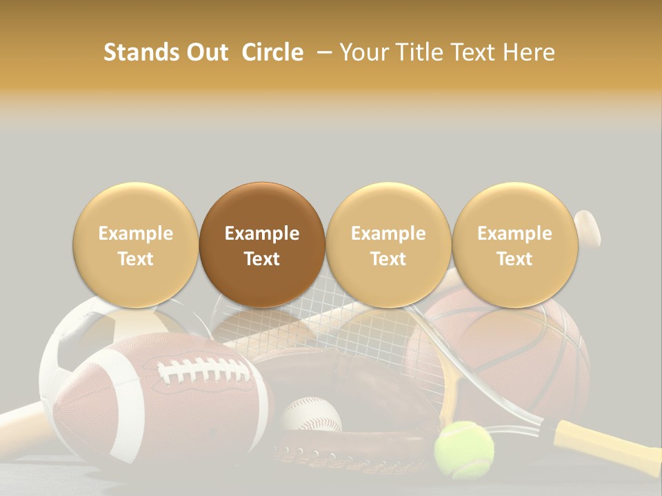 A Variety Of Sports Equipment On A Black Background Including An American Football, A Soccer Ball, A Baseball, A Baseball Bat, A Tennis Raquet, A Tennis Ball, And A Basketball PowerPoint Template