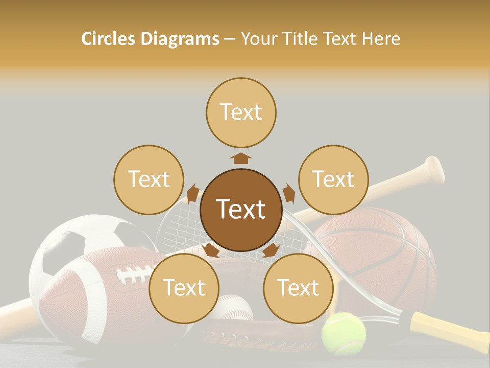 A Variety Of Sports Equipment On A Black Background Including An American Football, A Soccer Ball, A Baseball, A Baseball Bat, A Tennis Raquet, A Tennis Ball, And A Basketball PowerPoint Template