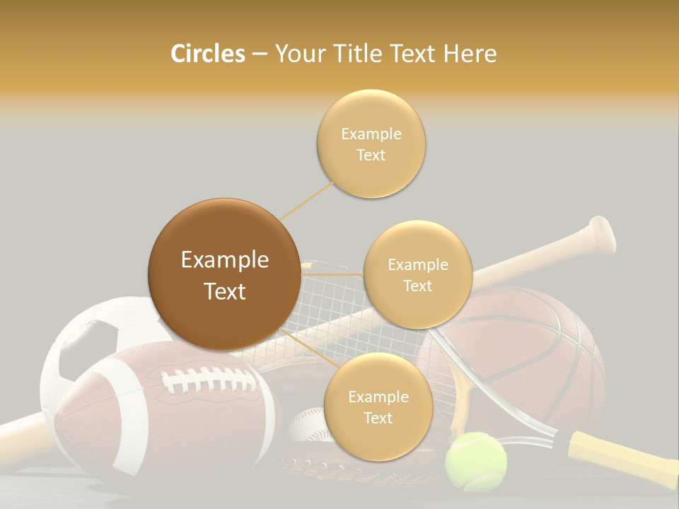 A Variety Of Sports Equipment On A Black Background Including An American Football, A Soccer Ball, A Baseball, A Baseball Bat, A Tennis Raquet, A Tennis Ball, And A Basketball PowerPoint Template