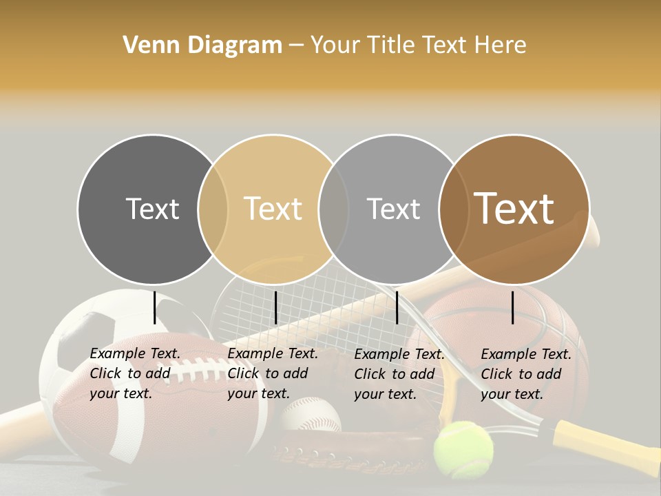 A Variety Of Sports Equipment On A Black Background Including An American Football, A Soccer Ball, A Baseball, A Baseball Bat, A Tennis Raquet, A Tennis Ball, And A Basketball PowerPoint Template
