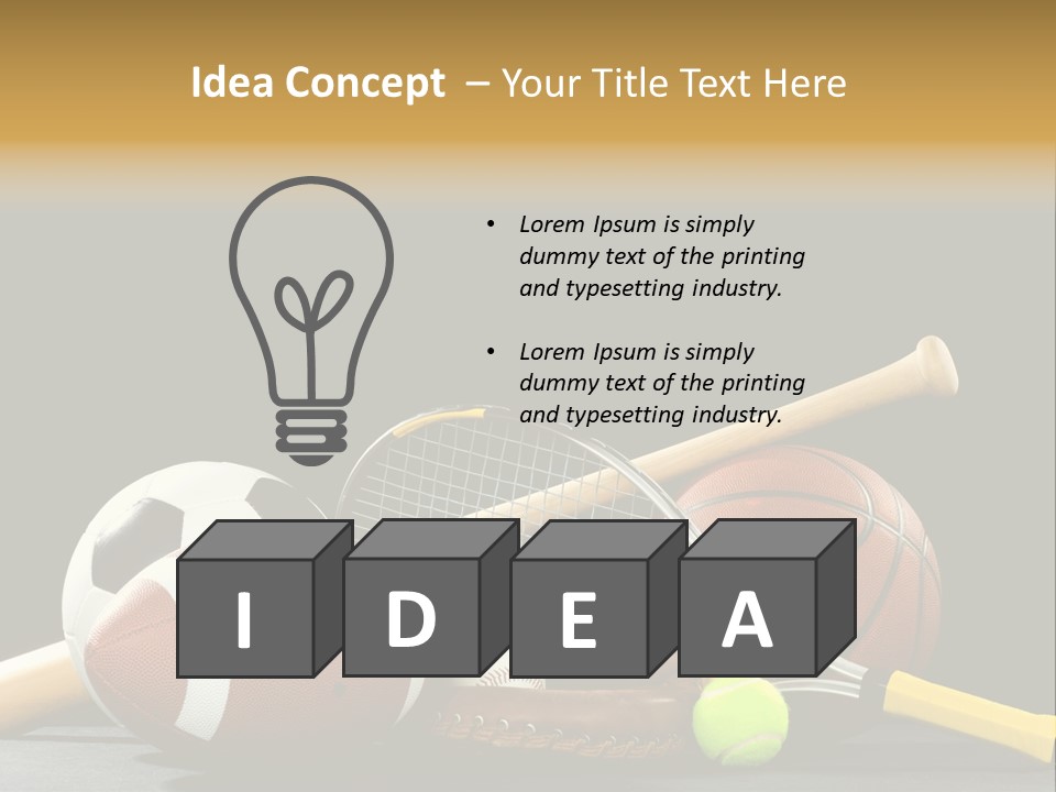 A Variety Of Sports Equipment On A Black Background Including An American Football, A Soccer Ball, A Baseball, A Baseball Bat, A Tennis Raquet, A Tennis Ball, And A Basketball PowerPoint Template