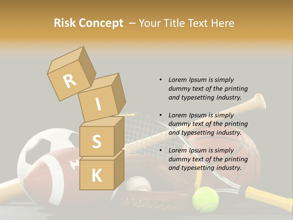 A Variety Of Sports Equipment On A Black Background Including An American Football, A Soccer Ball, A Baseball, A Baseball Bat, A Tennis Raquet, A Tennis Ball, And A Basketball PowerPoint Template