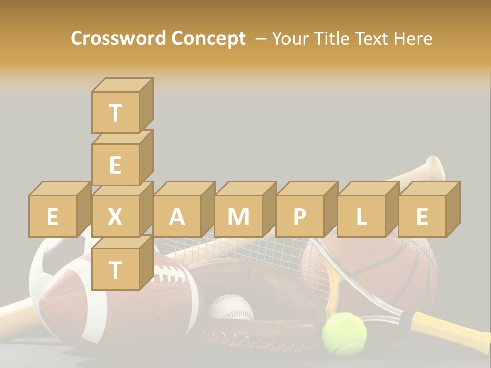 A Variety Of Sports Equipment On A Black Background Including An American Football, A Soccer Ball, A Baseball, A Baseball Bat, A Tennis Raquet, A Tennis Ball, And A Basketball PowerPoint Template