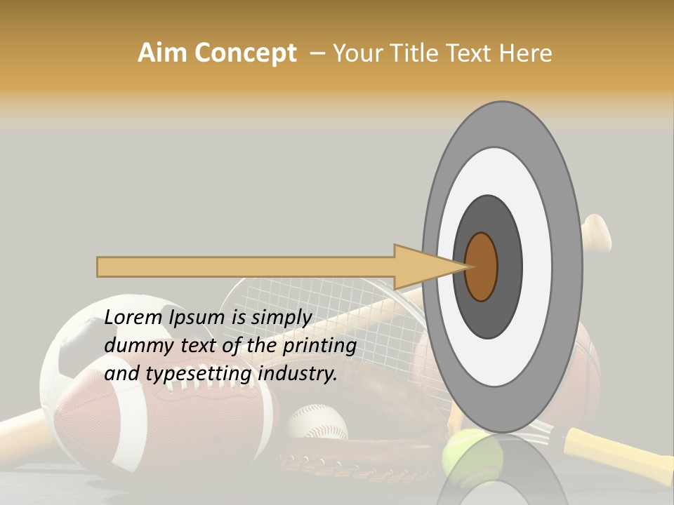 A Variety Of Sports Equipment On A Black Background Including An American Football, A Soccer Ball, A Baseball, A Baseball Bat, A Tennis Raquet, A Tennis Ball, And A Basketball PowerPoint Template