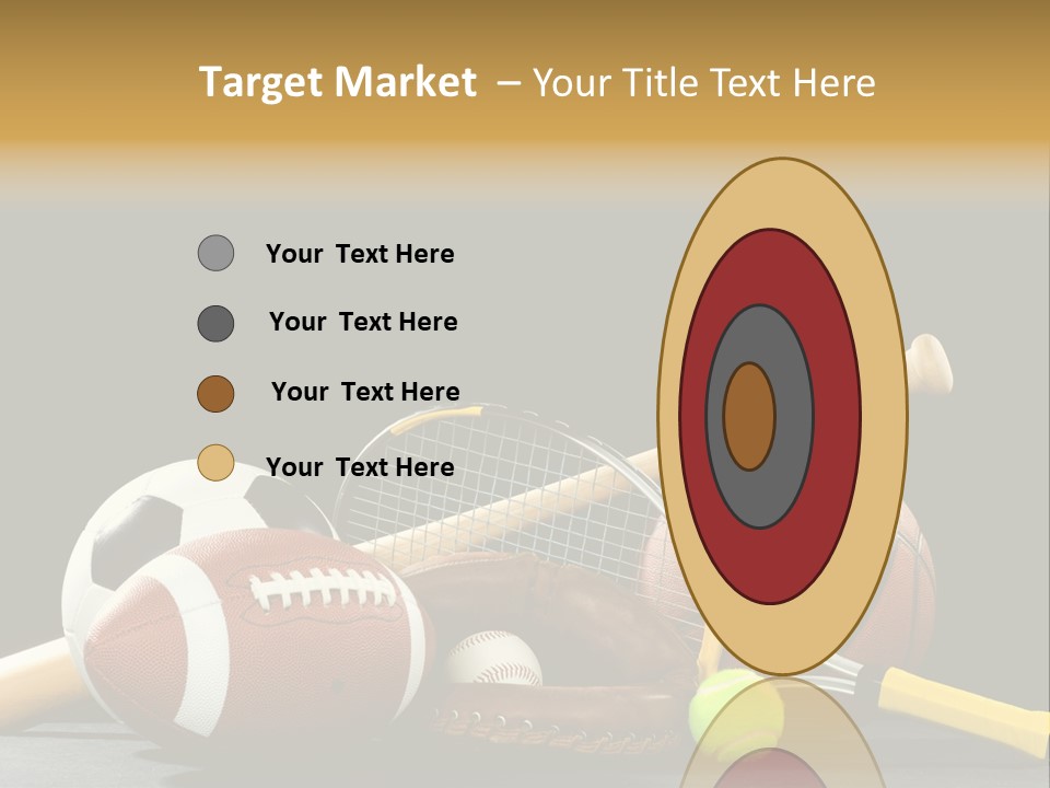 A Variety Of Sports Equipment On A Black Background Including An American Football, A Soccer Ball, A Baseball, A Baseball Bat, A Tennis Raquet, A Tennis Ball, And A Basketball PowerPoint Template
