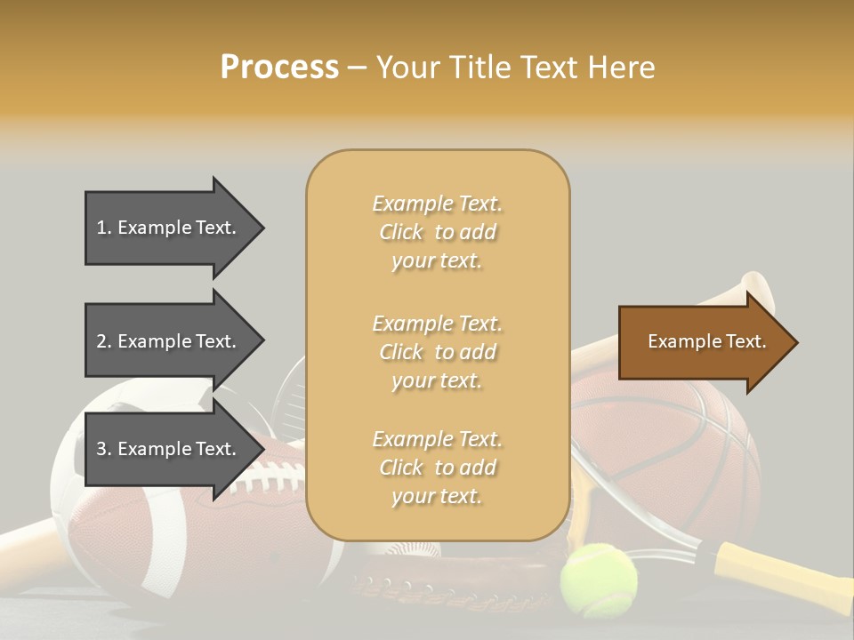 A Variety Of Sports Equipment On A Black Background Including An American Football, A Soccer Ball, A Baseball, A Baseball Bat, A Tennis Raquet, A Tennis Ball, And A Basketball PowerPoint Template