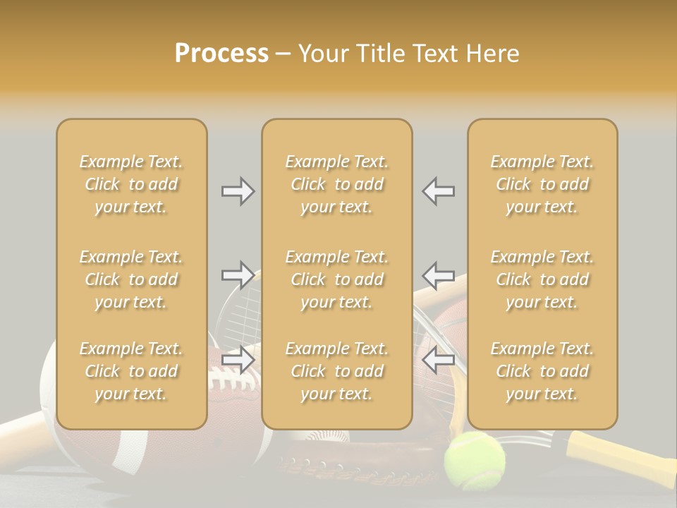 A Variety Of Sports Equipment On A Black Background Including An American Football, A Soccer Ball, A Baseball, A Baseball Bat, A Tennis Raquet, A Tennis Ball, And A Basketball PowerPoint Template