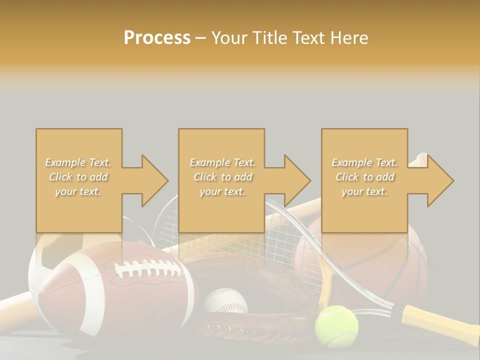 A Variety Of Sports Equipment On A Black Background Including An American Football, A Soccer Ball, A Baseball, A Baseball Bat, A Tennis Raquet, A Tennis Ball, And A Basketball PowerPoint Template